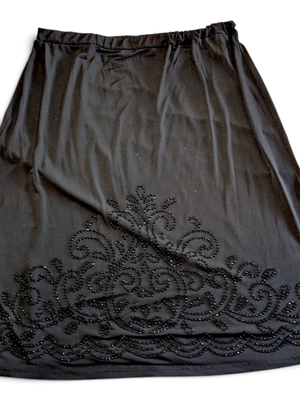 VTG First Glance 2X Black Slinky Beaded Scallop Hem Midi Skirt